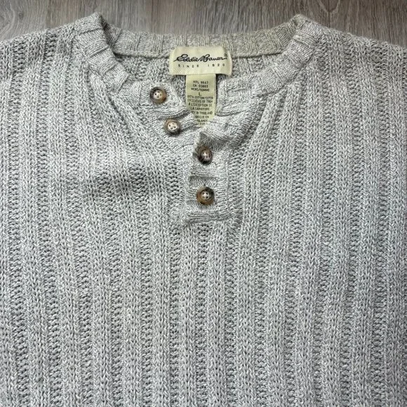 Eddie Bauer Men's L Heather Grey 100% Cotton Ribbed Knit 3-Button Henley Sweater - Picture 6 of 9